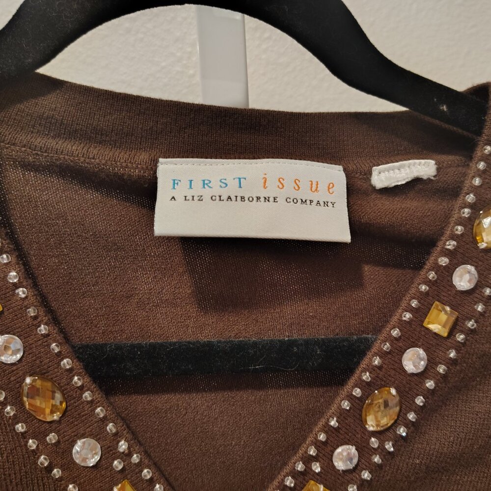 First Issue Women's V-Neck 3/4 Sleeve Top Embellished with Jewels Brown - Picture 6 of 10